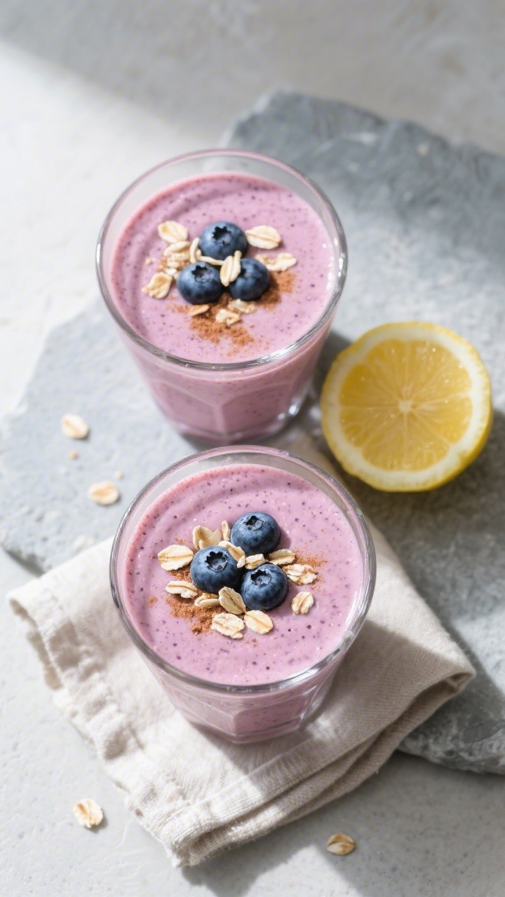 Tasty top view: Overhead shot of two glasses of Heidelbeer Joghurt Smoothie with a glossy, velvety s