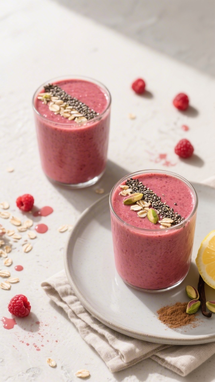 Tasty top view: Overhead shot of two raspberry smoothies in simple tumbler glasses, thick and glossy