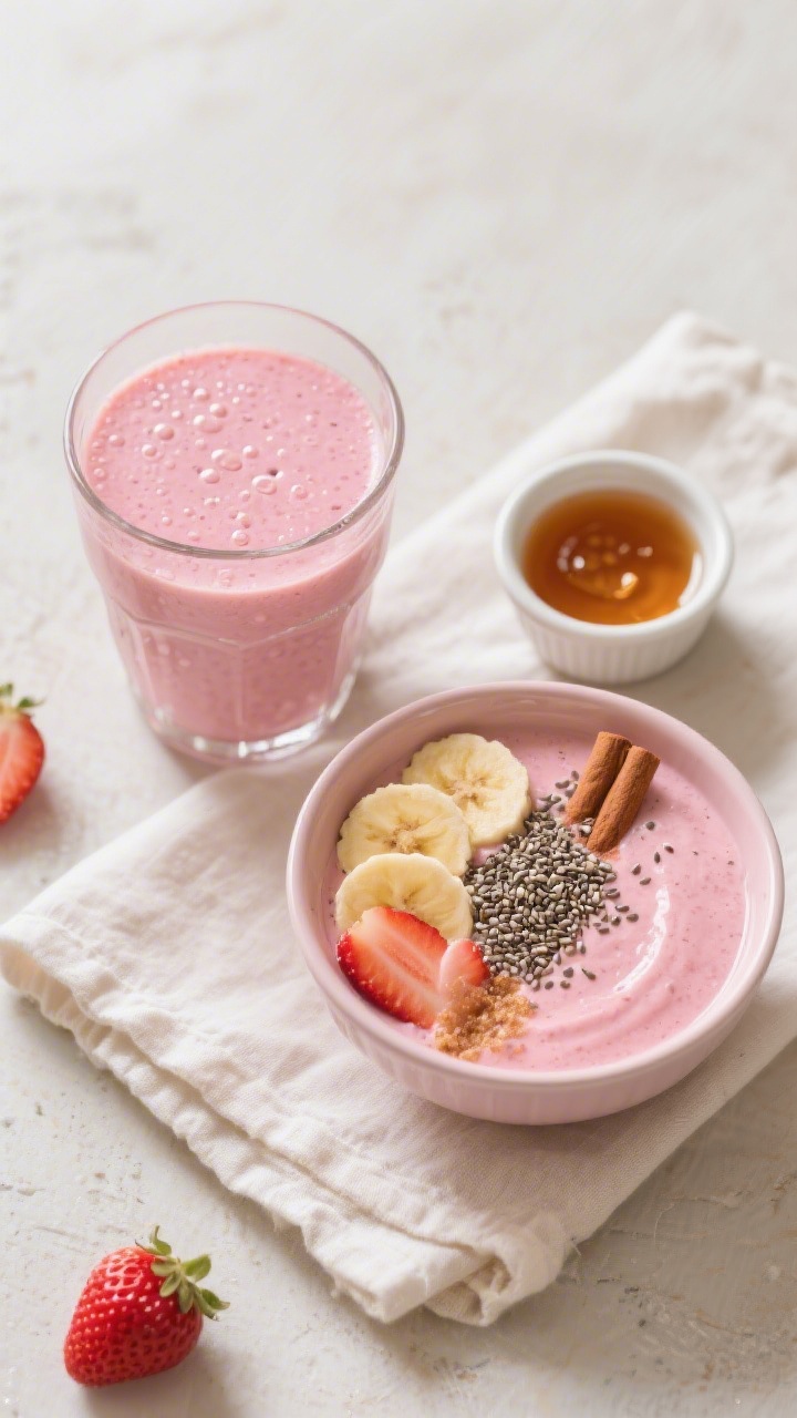 Tasty top view: overhead shot of two variations of the finished smoothie for kids—one drinkable an