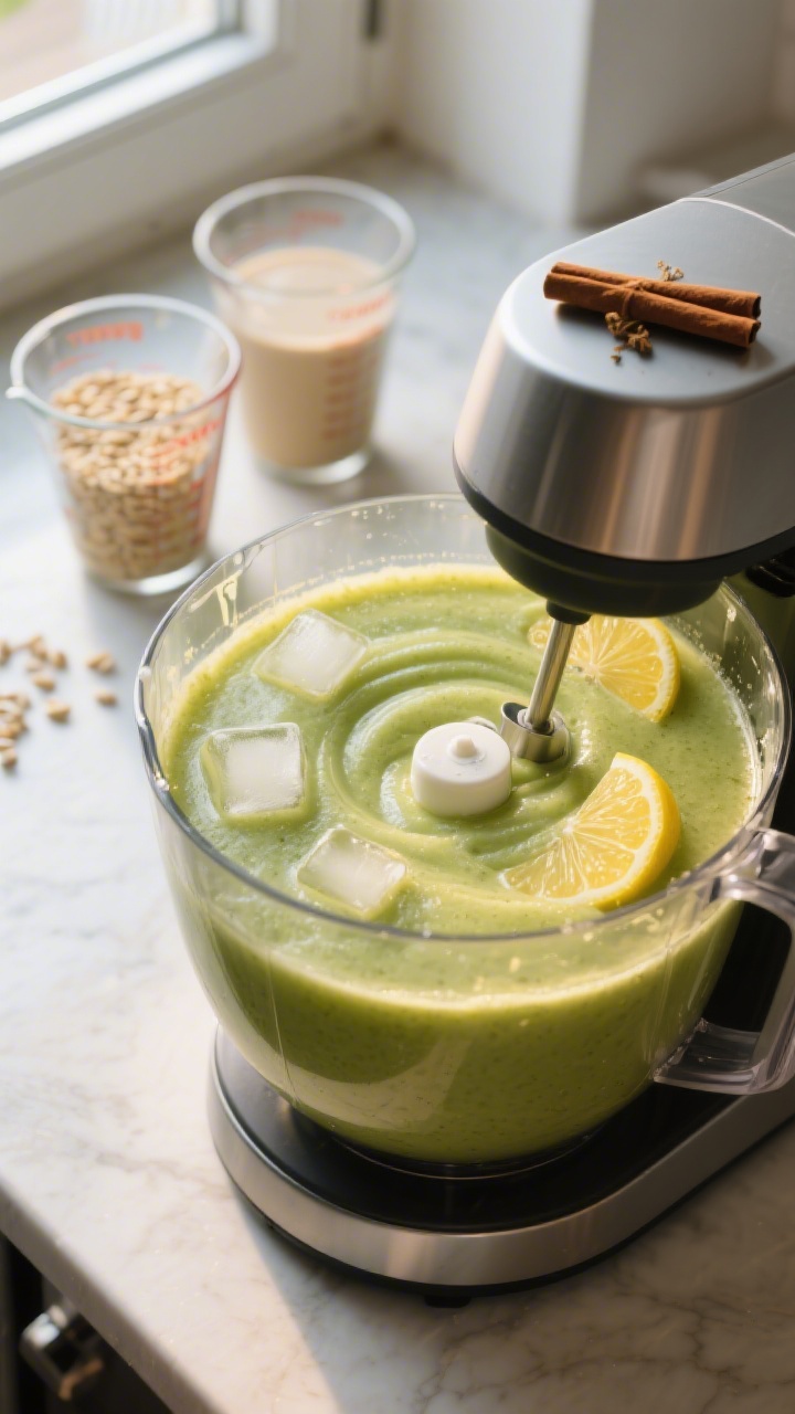 Zubereitungsprozess: Overhead-Shot des Smoothies im Standmixer kurz nach dem Mixen, perfekt glatt wi